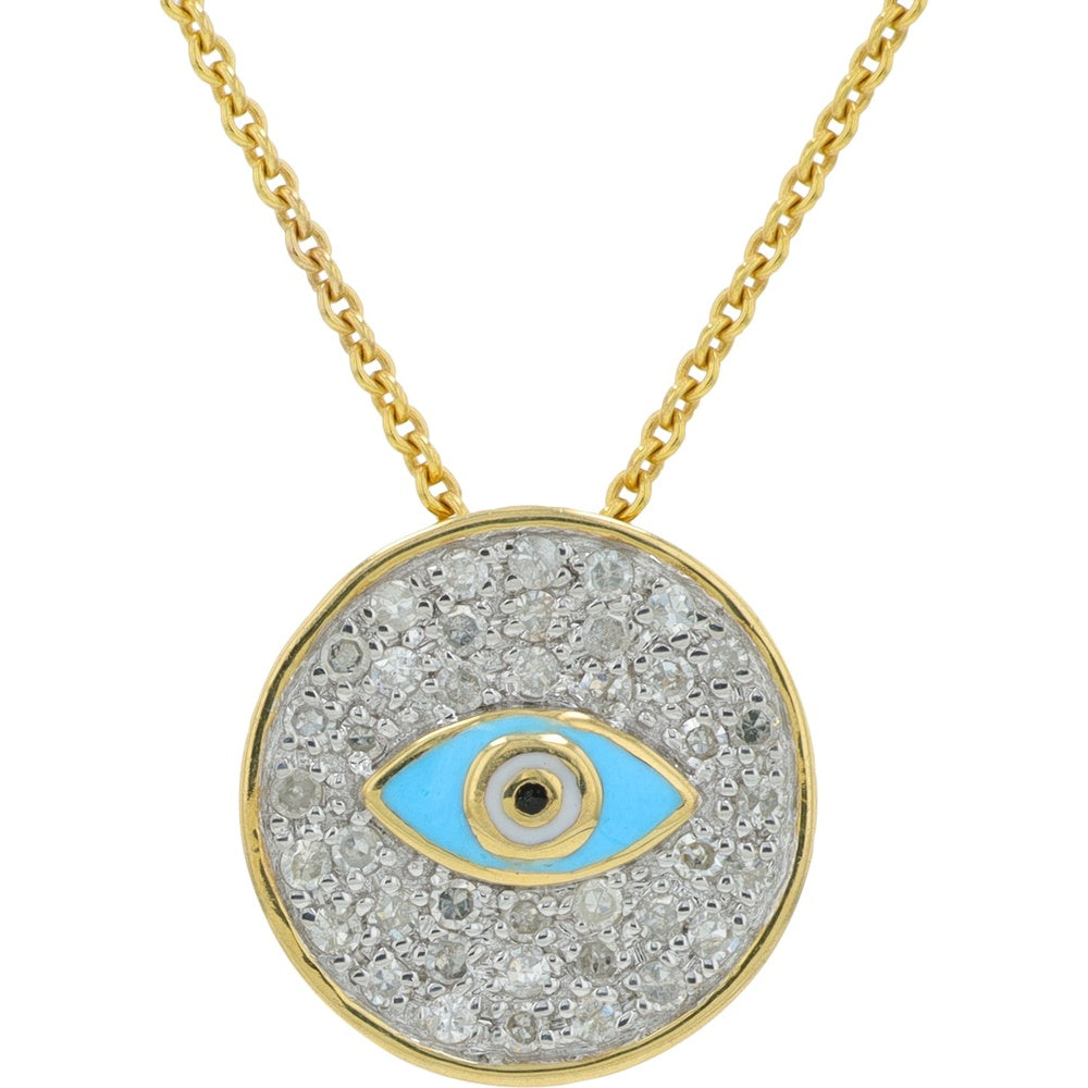 10K Yellow Gold Evil Eye Pendant with Pavé-Set Round Diamonds and Blue Enamel - 0.17 Carat Total Diamond Weight