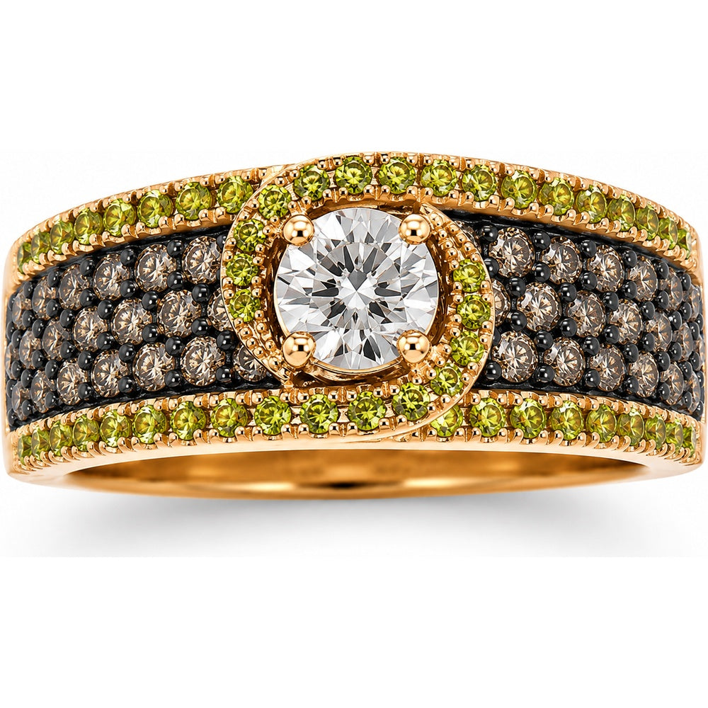 10K Yellow Gold Fashion Ring with Round Brilliant Cut Diamond, Green Halo Accents, and 1.37 Carat Total Diamond Weight by Auriventus