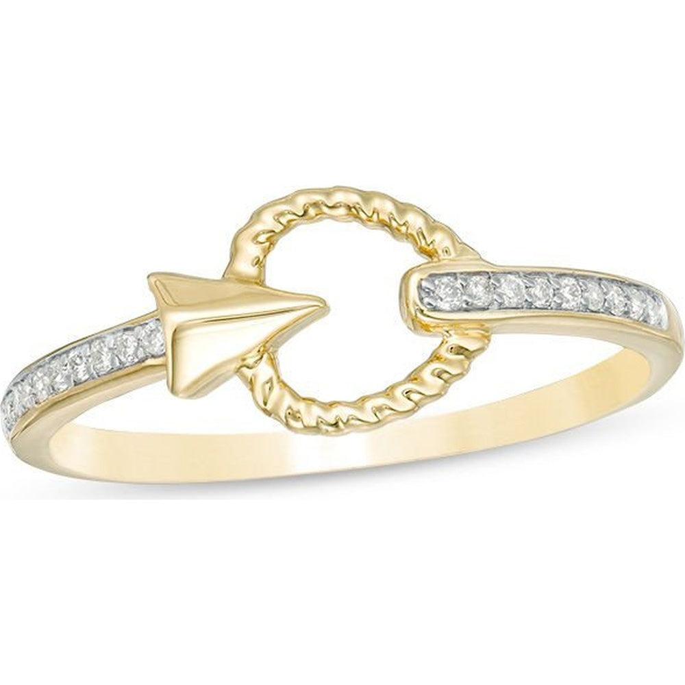10K Yellow Gold Fashion Ring with Twisted Rope Open Circle and Paper Plane Motif with Prong-Set Round Diamonds - 0.09 Carat Total Diamond Weight by Auriventus
