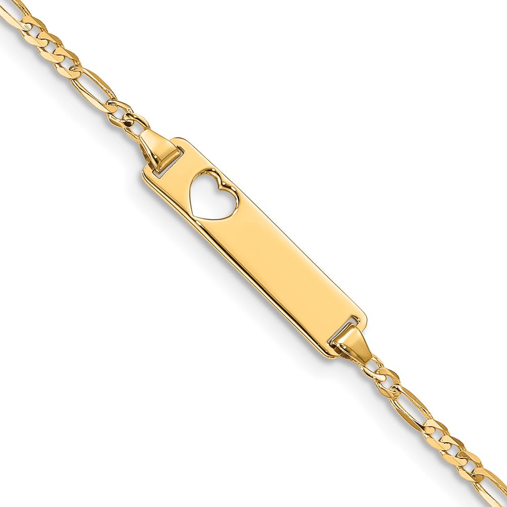 10K Yellow Gold Figaro Link ID Bracelet with Heart Cutout Charm