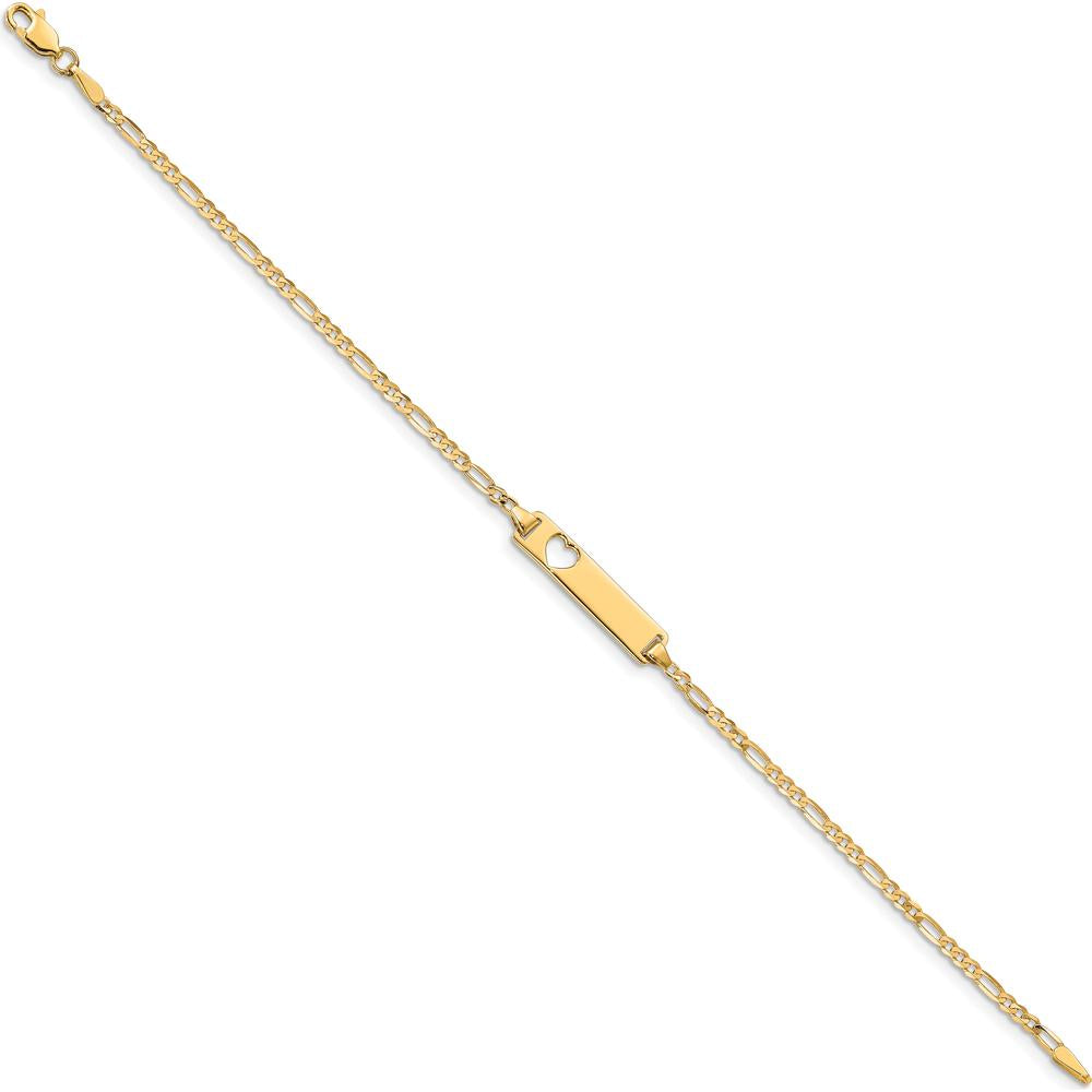 10K Yellow Gold Figaro Link ID Bracelet with Heart Cutout Charm