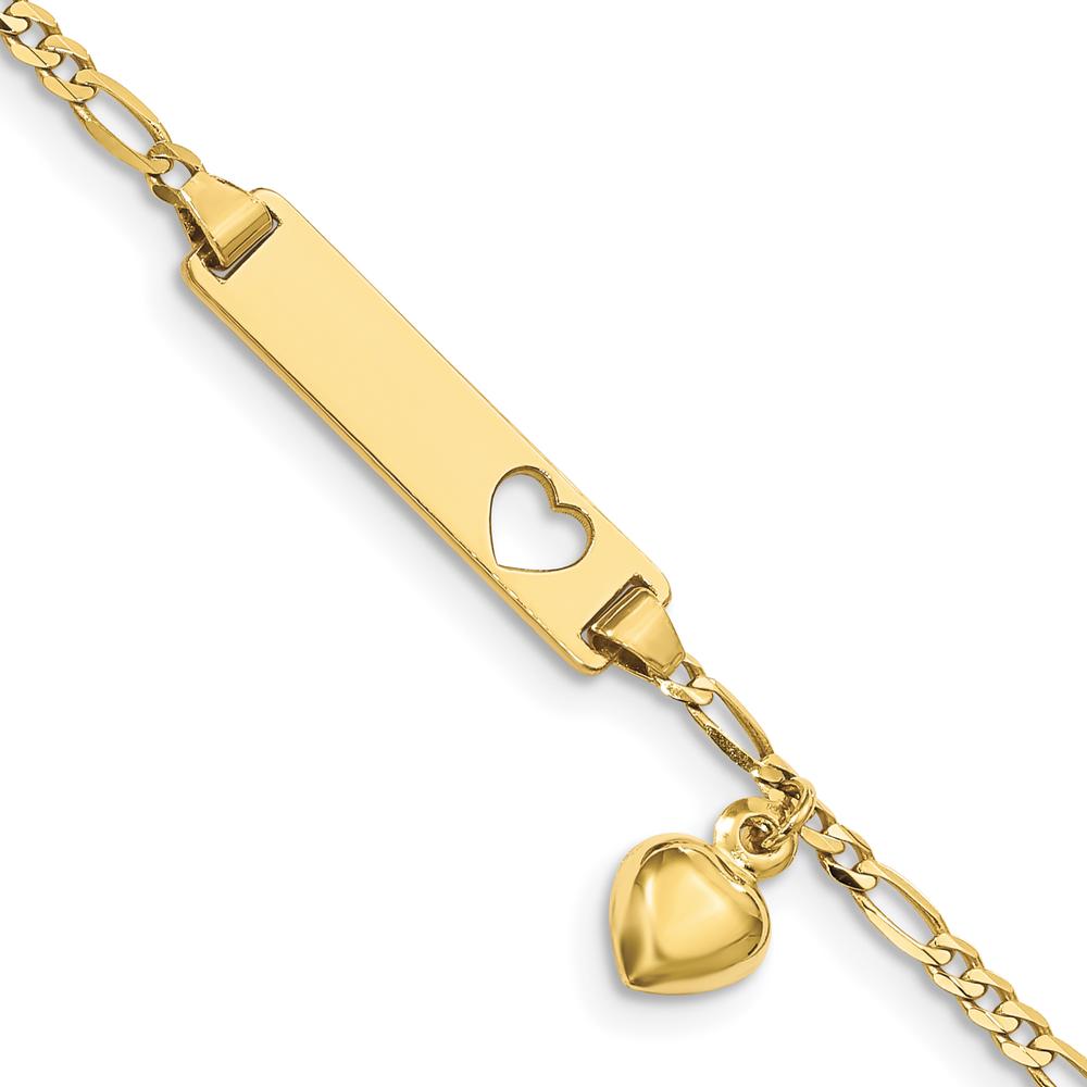 10K Yellow Gold Figaro Link ID Bracelet with Heart Pendant - Personalized Engraved Plate