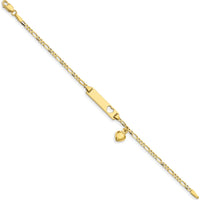 10K Yellow Gold Figaro Link ID Bracelet with Heart Pendant - Personalized Engraved Plate