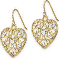10K Yellow Gold Filigree Heart Drop Earrings with Rhodium Accents - Elegant French Wire Closure