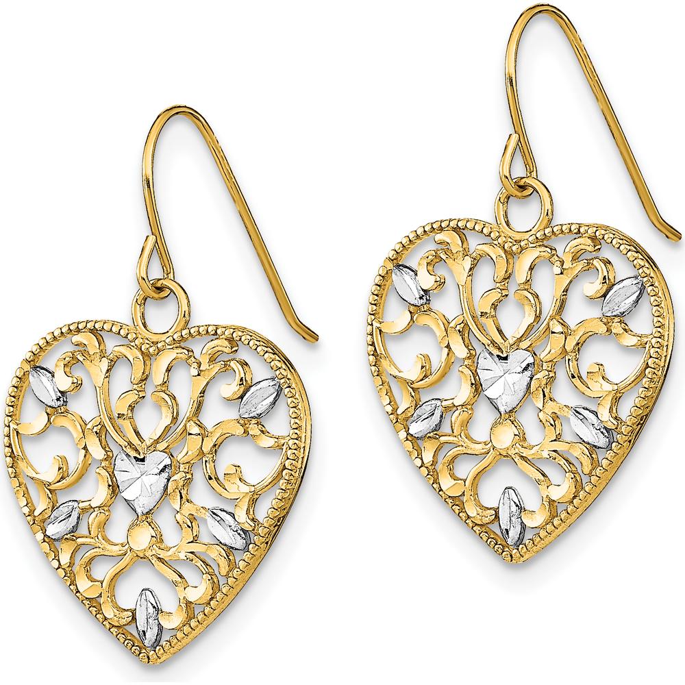 10K Yellow Gold Filigree Heart Drop Earrings with Rhodium Accents - Elegant French Wire Closure
