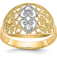 10K Yellow Gold Filigree Heart Ring with Rhodium Accents
