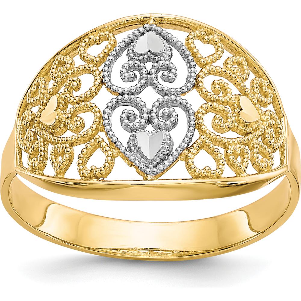 10K Yellow Gold Filigree Heart Ring with Rhodium Accents