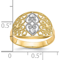 10K Yellow Gold Filigree Heart Ring with Rhodium Accents