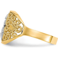 10K Yellow Gold Filigree Heart Ring with Rhodium Accents