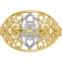 10K Yellow Gold Filigree Heart Ring with Rhodium Accents