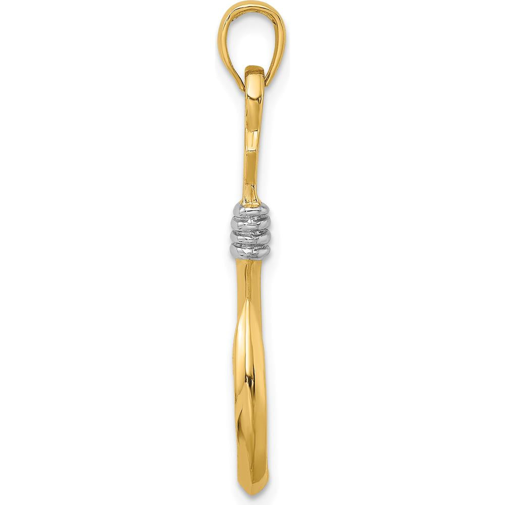 10K Yellow Gold Fish Hook Pendant with Rhodium Rope Accent - 33.05mm Length