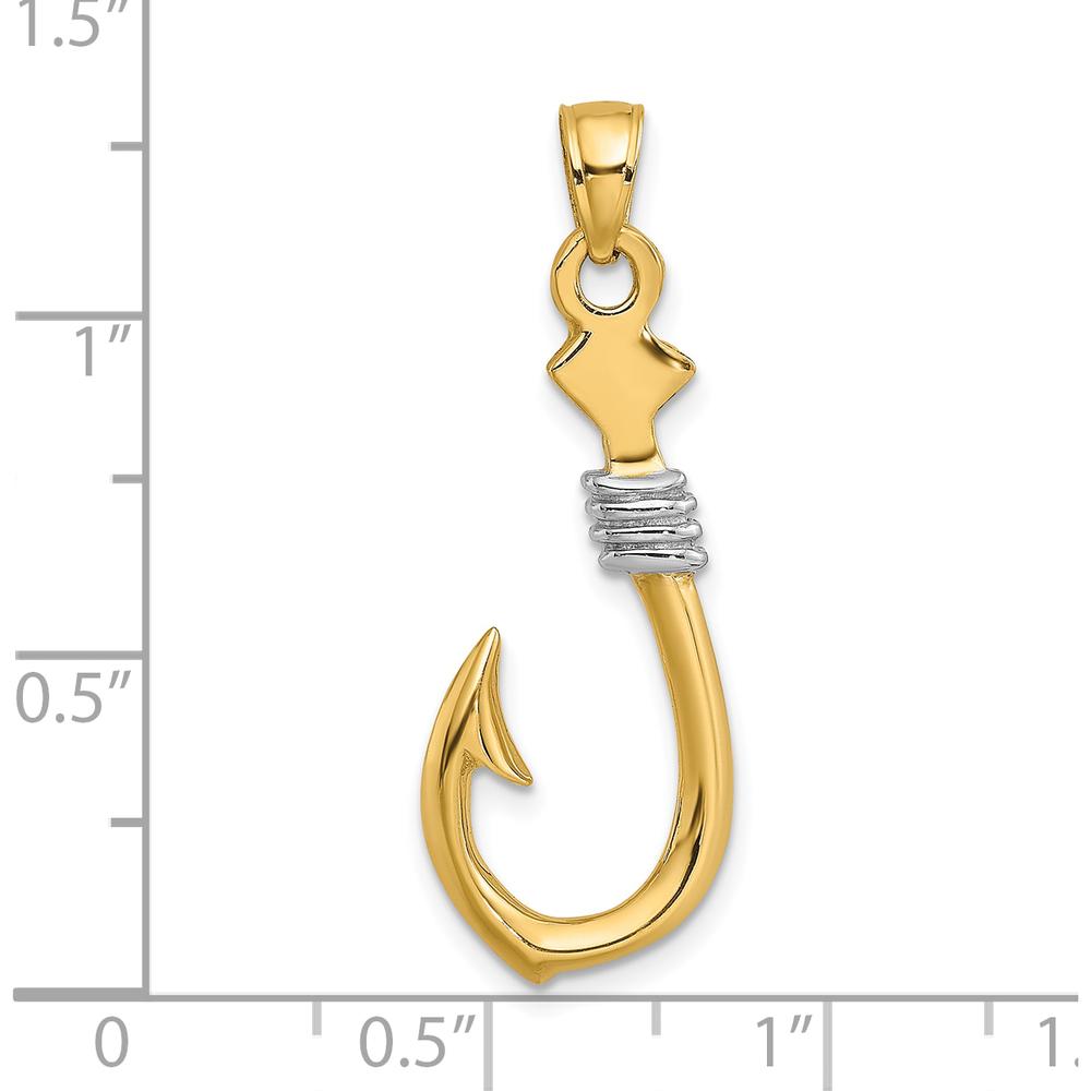 10K Yellow Gold Fish Hook Pendant with Rhodium Rope Accent - 33.05mm Length