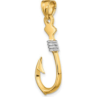 10K Yellow Gold Fish Hook Pendant with Rhodium Rope Accent - 33.05mm Length