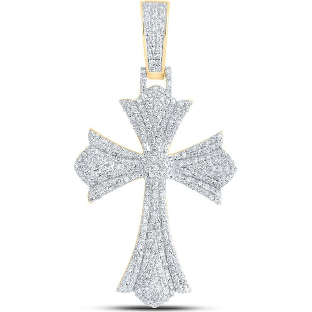 10K Yellow Gold Flared Cross Pendant with Prong-Set Round Diamonds - 1.33 Carat Total Diamond Weight