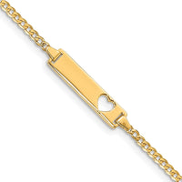 10K Yellow Gold Flat Curb Link ID Bracelet with Heart Cut-Out Charm - 7" Length
