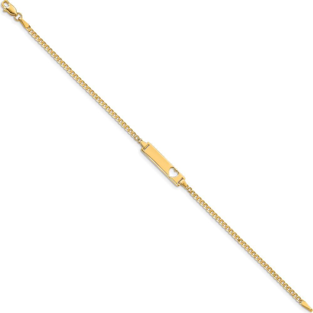 10K Yellow Gold Flat Curb Link ID Bracelet with Heart Cut-Out Charm - 7" Length
