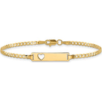 10K Yellow Gold Flat Curb Link ID Bracelet with Heart Cut-Out Charm - 7" Length