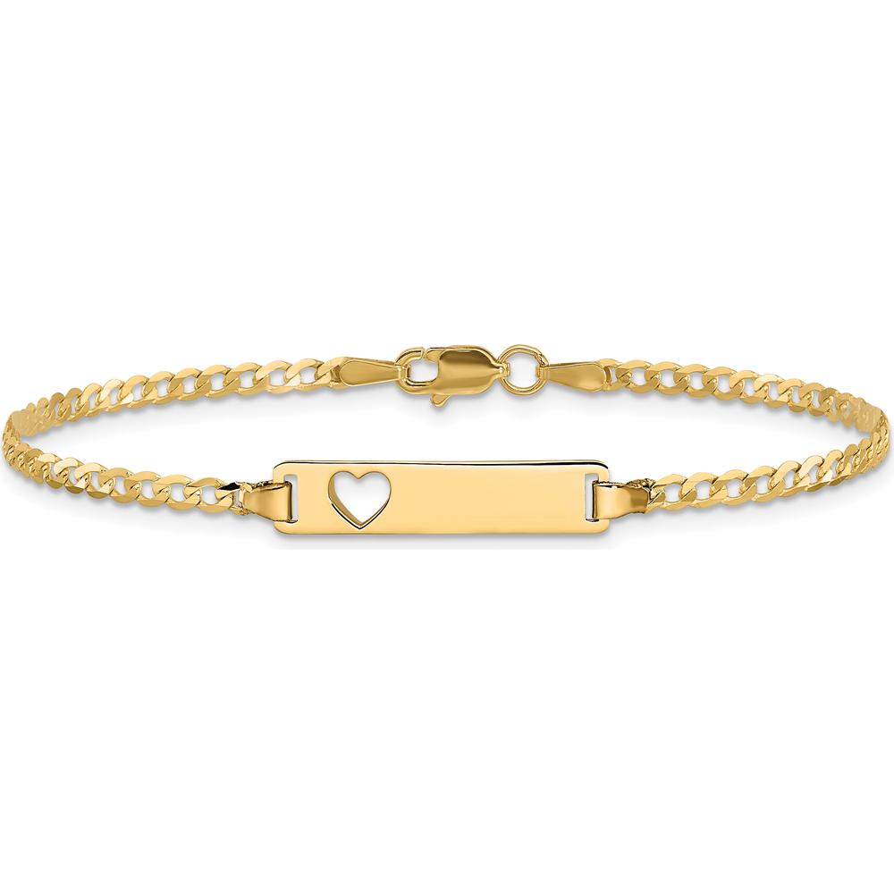 10K Yellow Gold Flat Curb Link ID Bracelet with Heart Cut-Out Charm - 7" Length