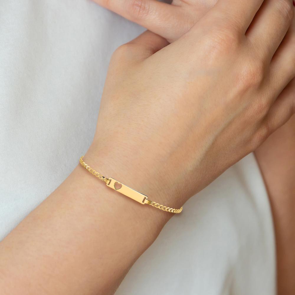 10K Yellow Gold Flat Curb Link ID Bracelet with Heart Cut-Out Charm - 7" Length