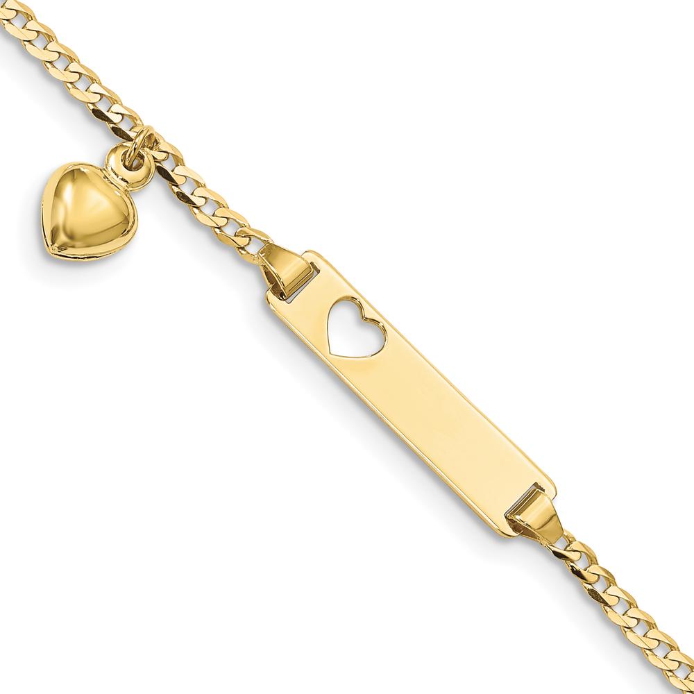 10K Yellow Gold Flat Curb Link ID Bracelet with Heart Pendant - Engravable, 6" Length