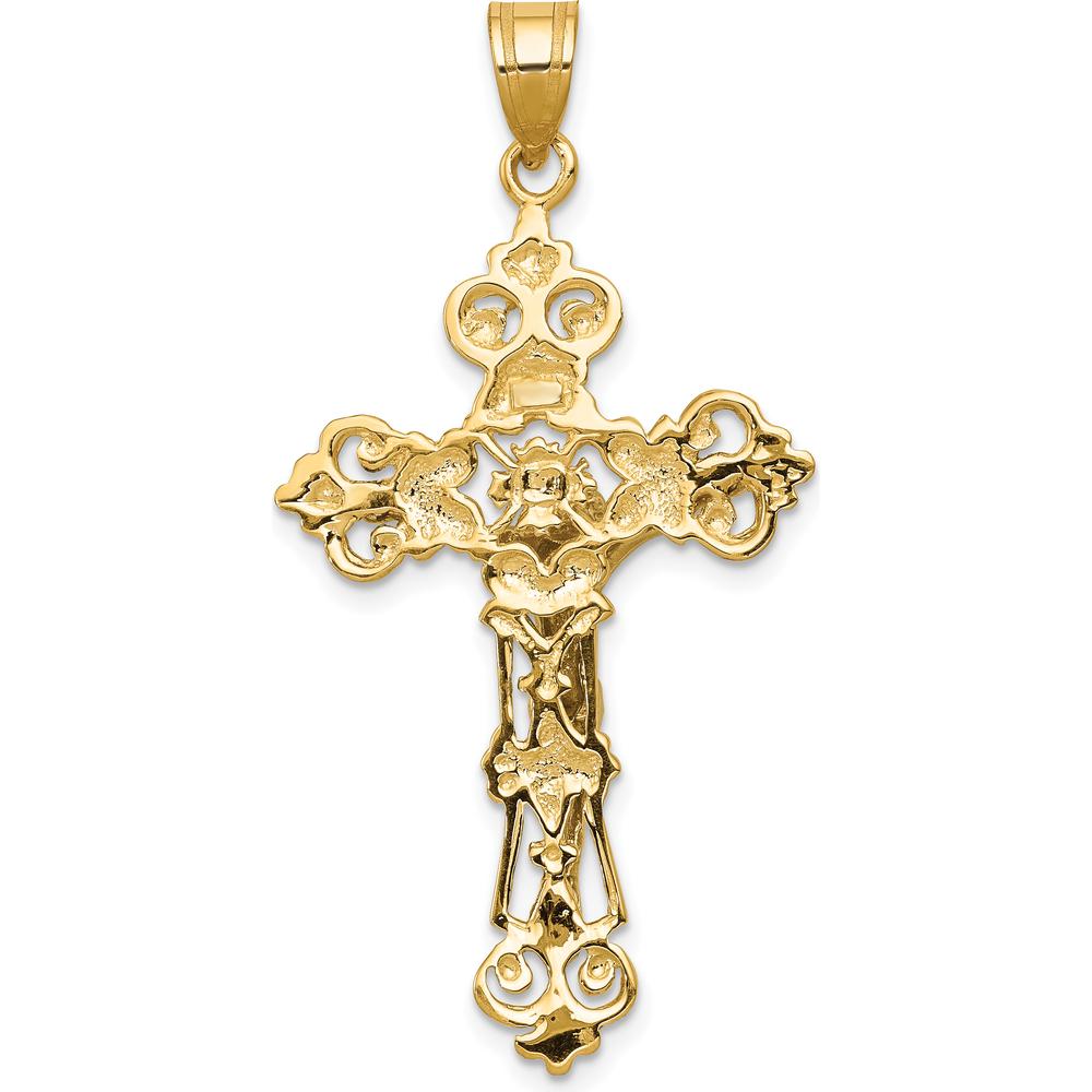 10K Yellow Gold Fleur De Lis Crucifix Pendant - Solid Polished Finish