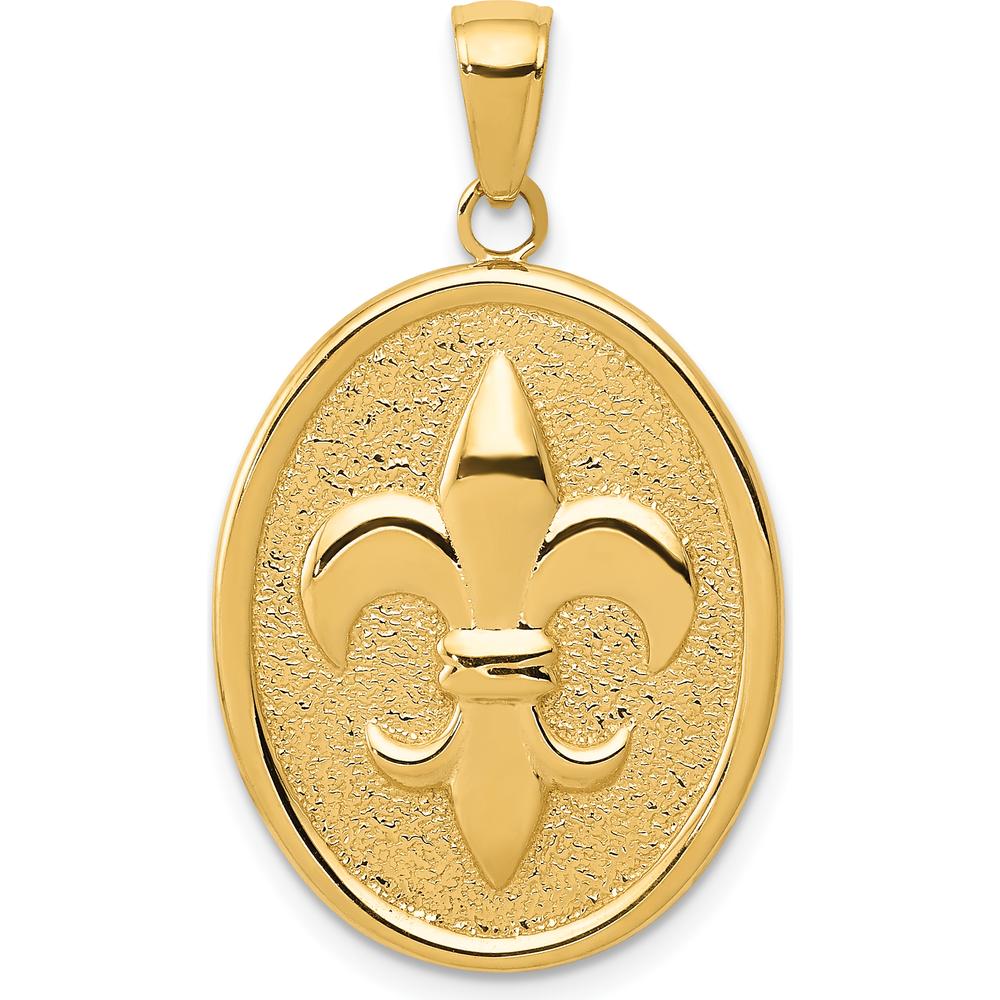 10K Yellow Gold Fleur-De-Lis Pendant on Oval Disk - Polished Finish
