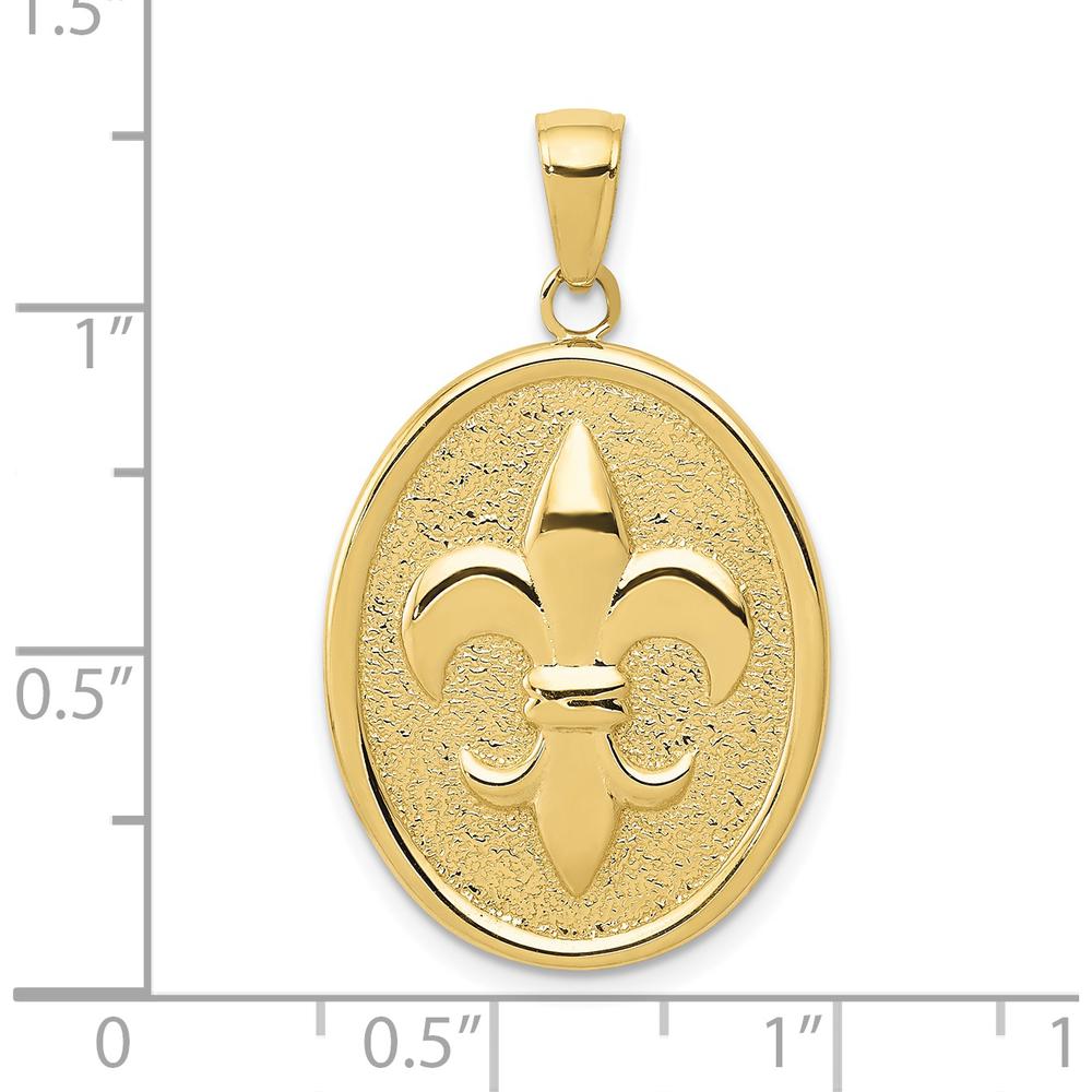 10K Yellow Gold Fleur-De-Lis Pendant on Oval Disk - Polished Finish
