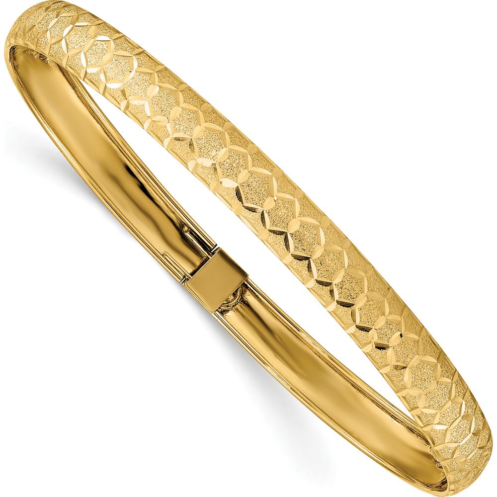 10K Yellow Gold Flexible Hexagonal Design Diamond-cut Bangle with Push Clasp - 7.5"