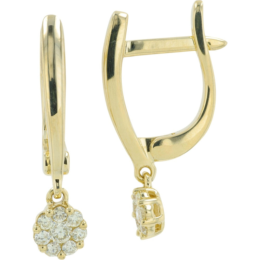 10K Yellow Gold Floral Cluster Diamond Drop Hoop Earrings - 0.27 Carat Total Diamond Weight