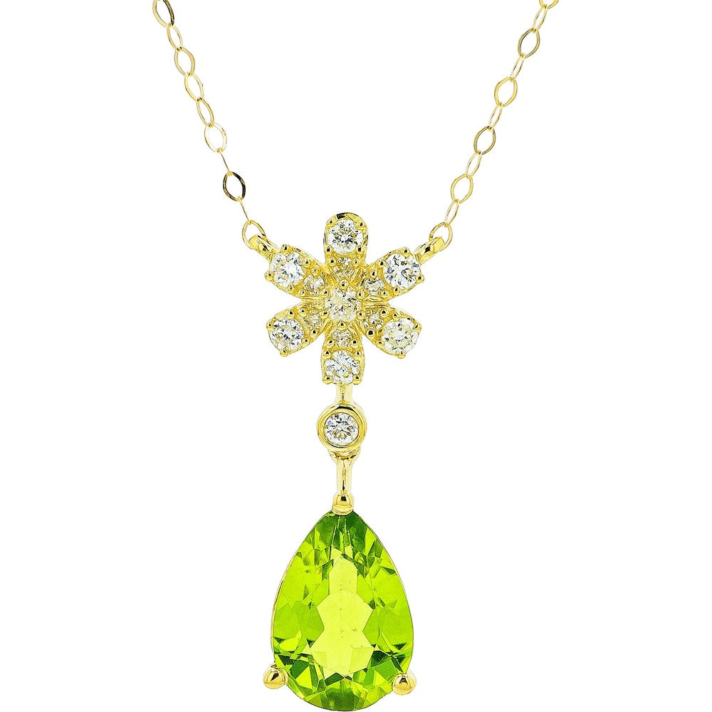 10K Yellow Gold Floral Diamond Pendant Necklace with Pear Cut Peridot Drop - 1.50 Carat Peridot and 0.14 Carat Total Diamond Weight