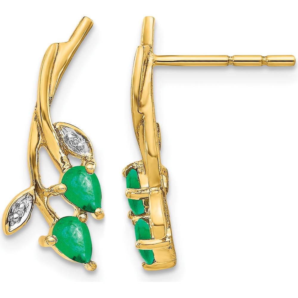 10K Yellow Gold Floral Drop Earrings with Pear Emeralds and Round Diamonds - 0.135 Carat Total Emerald Weight, 0.0028 Carat Total Diamond Weight by Monteluci Fine Jewelry