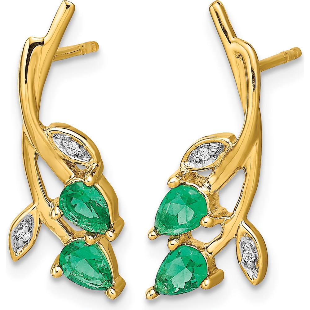10K Yellow Gold Floral Drop Earrings with Pear Emeralds and Round Diamonds - 0.135 Carat Total Emerald Weight, 0.0028 Carat Total Diamond Weight by Monteluci Fine Jewelry