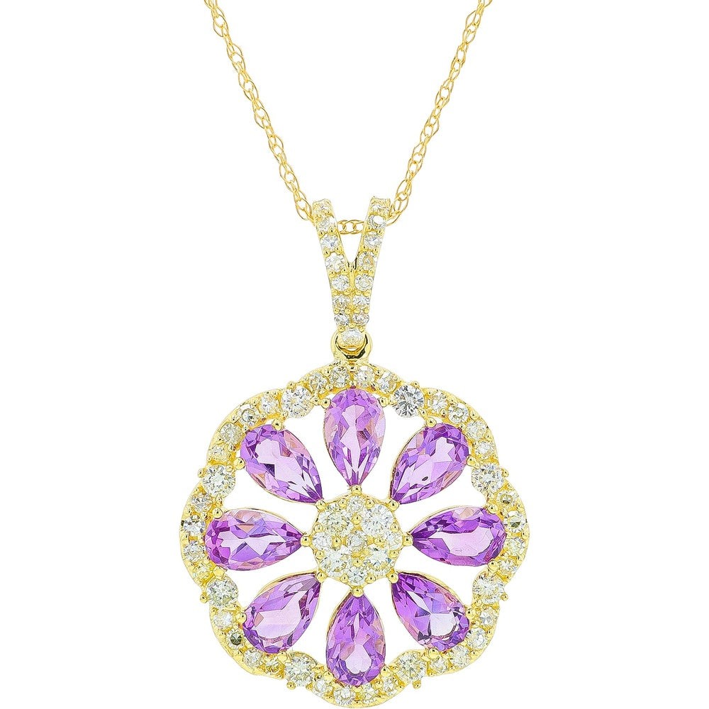 10K Yellow Gold Floral Pendant Necklace with Pear-Shaped Amethysts and Diamond Halo - 1.50 Carat Total Amethyst Weight and 0.55 Carat Total Diamond Weight