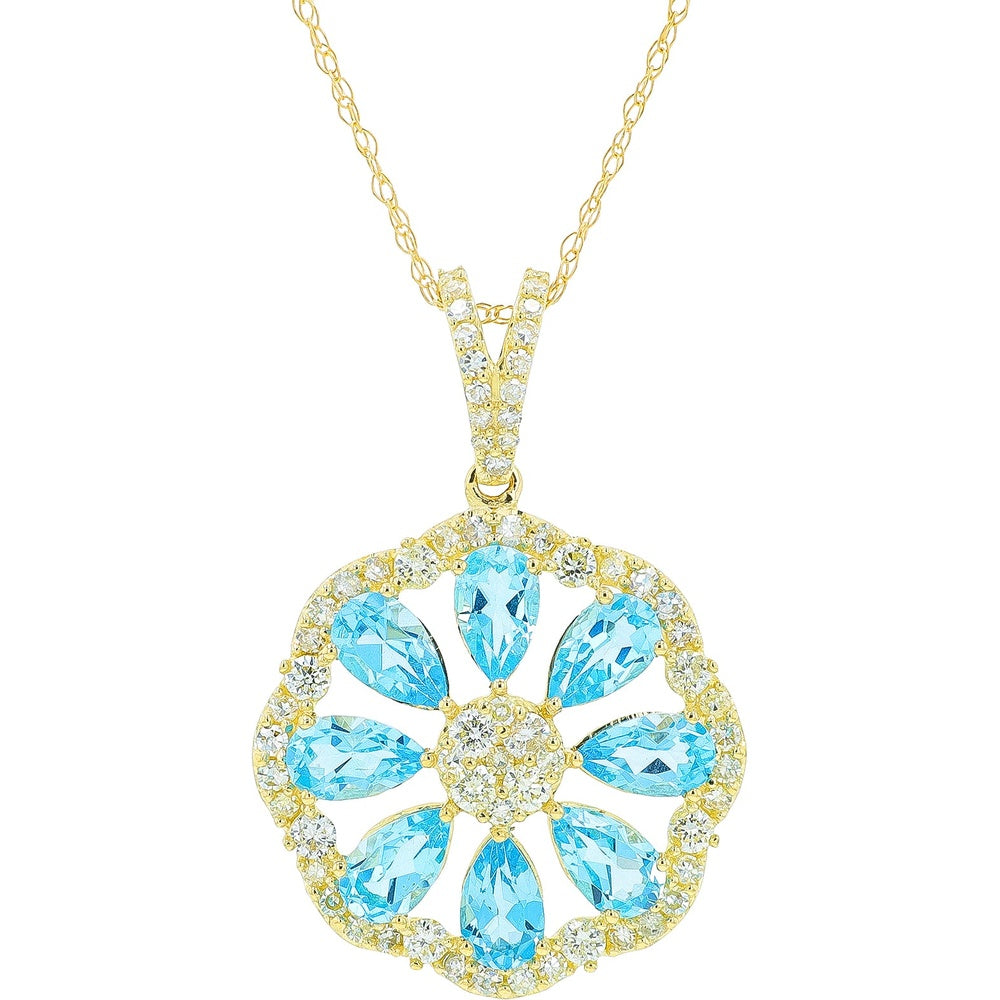 10K Yellow Gold Floral Pendant with Pear-Cut Blue Topaz and Diamond Halo - 1.50-2.00 Carat Total Topaz Weight