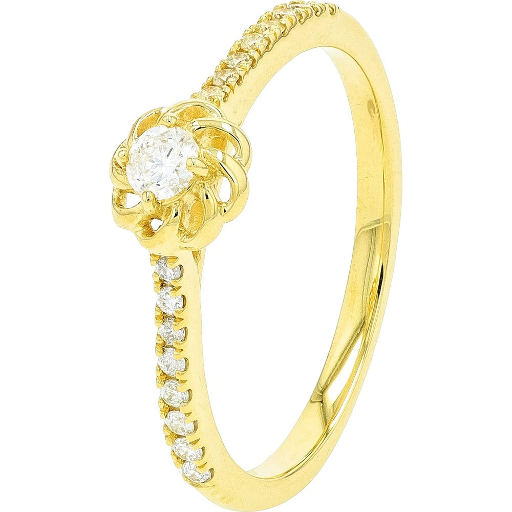 10K Yellow Gold Floral-Set Round Diamond Engagement Ring with Pavé Accents - 0.25 Carat Total Diamond Weight