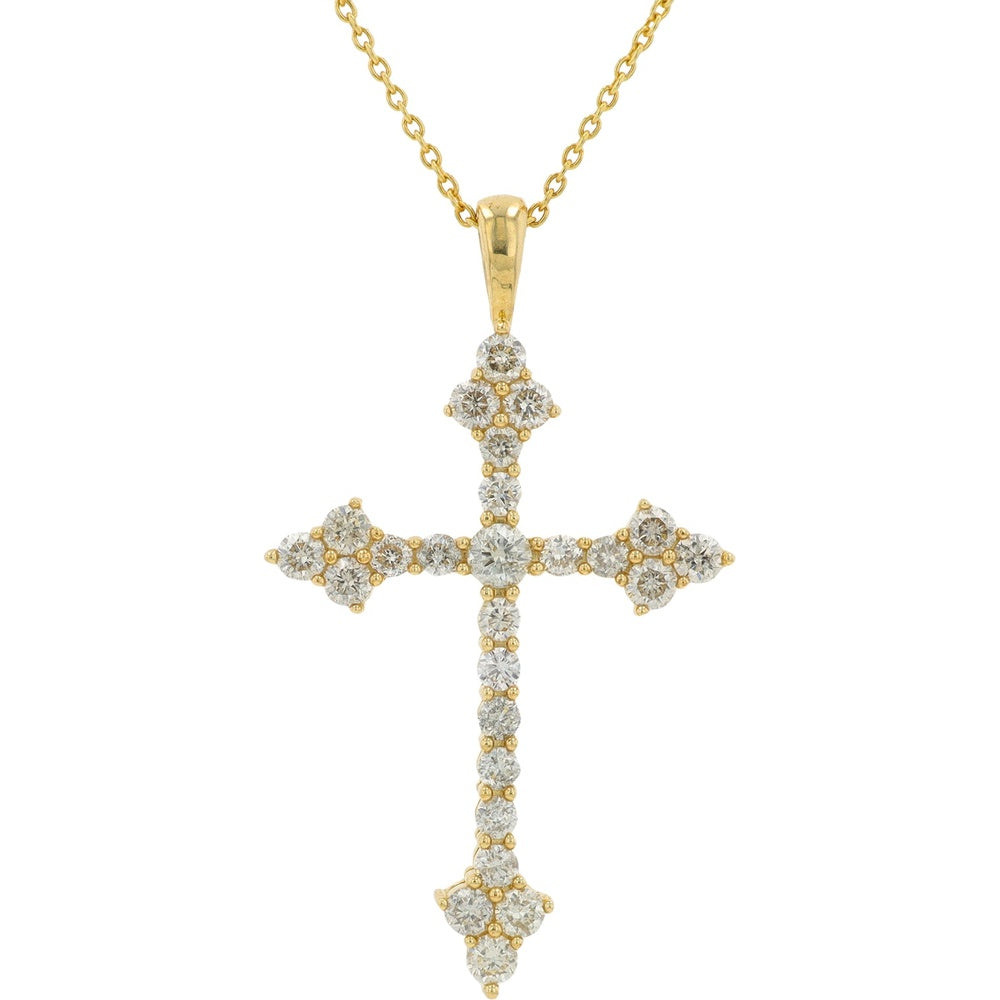 10K Yellow Gold Floral-Tip Cross Pendant with Prong-Set Round Diamonds - 1.00 Carat Total Diamond Weight