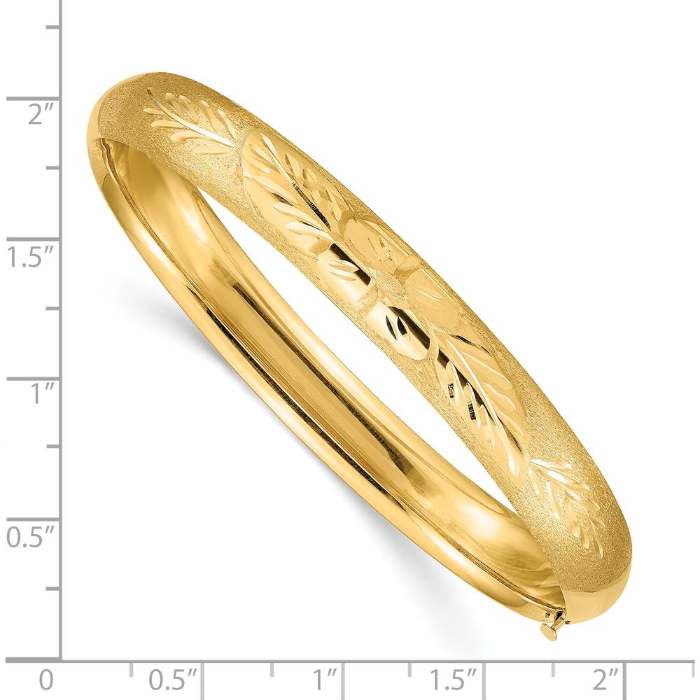 10K Yellow Gold Florentine Engraved Hinged Bangle Bracelet with Diamond-Cut Texture and Box Catch Clasp