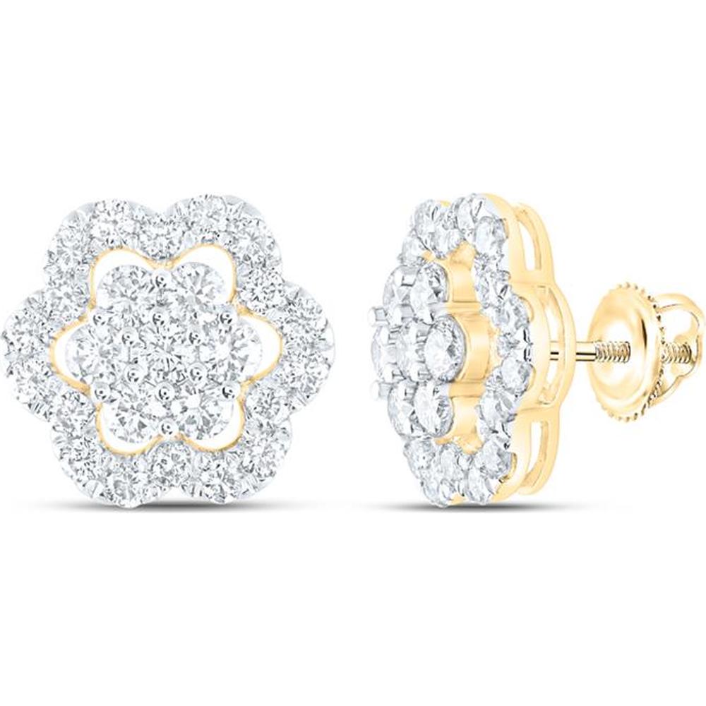 10K Yellow Gold Flower Cluster Earrings with Prong-Set Round Diamonds - 2.04 Carat Total Diamond Weight