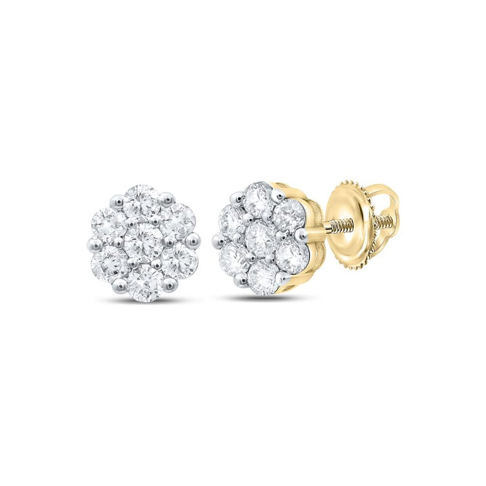 10K Yellow Gold Flower Cluster Stud Earrings with Prong-Set Round Diamonds - 1 Carat Total Diamond Weight