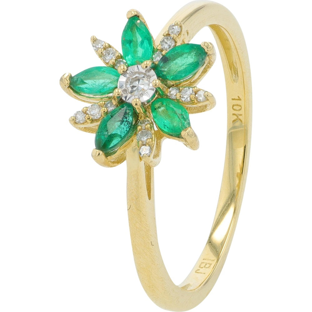 10K Yellow Gold Flower Ring with Marquise-Cut Emeralds and Round Diamond Center - 0.50 Carat Total Gem Weight