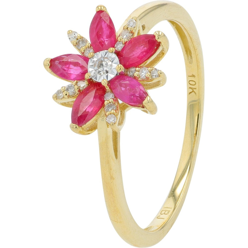 10K Yellow Gold Flower Ring with Marquise Cut Rubies and Round Diamond Center Accent - 0.50 Carat Total Ruby Weight