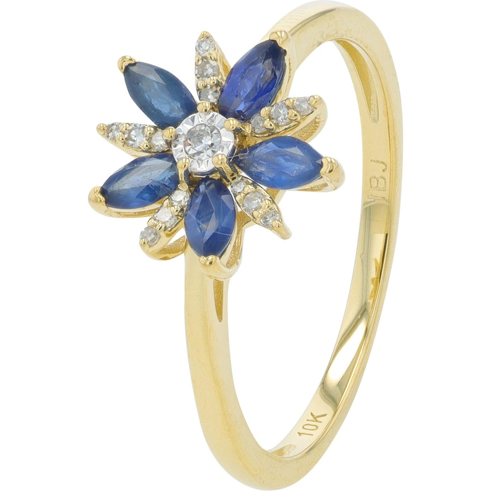 10K Yellow Gold Flower Ring with Marquise-Cut Sapphires and Round Diamond Accents - 0.40 Carat to 0.50 Carat Sapphire Total Weight