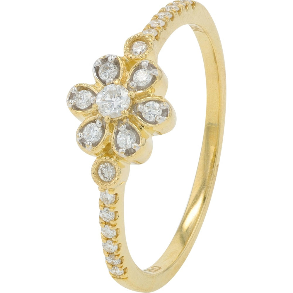 10K Yellow Gold Flower Ring with Prong-Set Round Diamonds and Milgrain Details - 0.20 Carat Total Diamond Weight