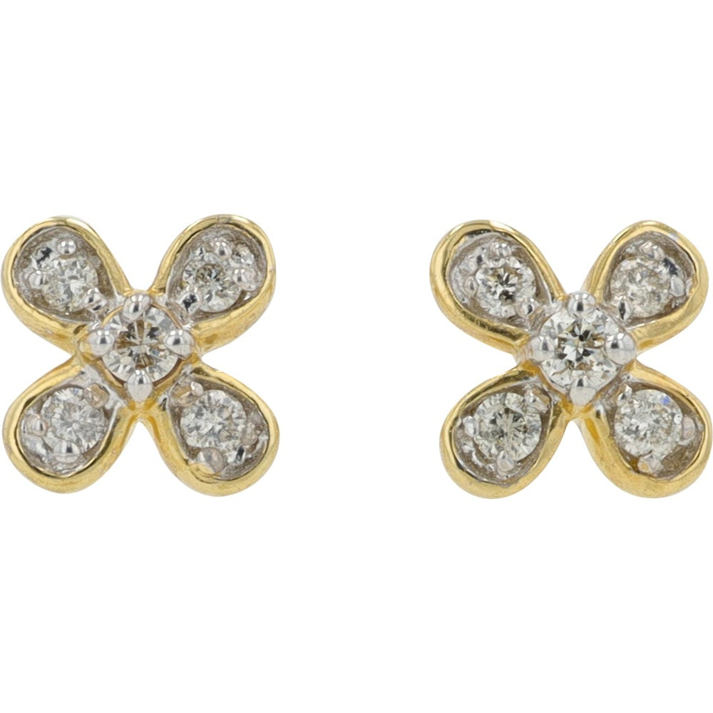 10K Yellow Gold Flower Stud Earrings with Round Cut Diamonds - 0.10 Carat Total Diamond Weight