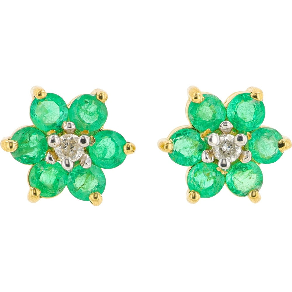 10K Yellow Gold Flower Stud Earrings with Round Emerald Petals and Diamond Center - 1.32-1.75 Carat Total Emerald Weight and 0.10 Carat Total Diamond Weight