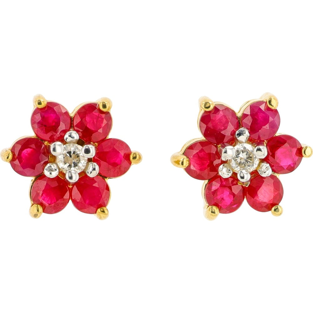 10K Yellow Gold Flower Stud Earrings with Round Rubies and Diamond Centers - 1.32 to 1.75 Carat Total Ruby Weight, 0.10 Carat Total Diamond Weight
