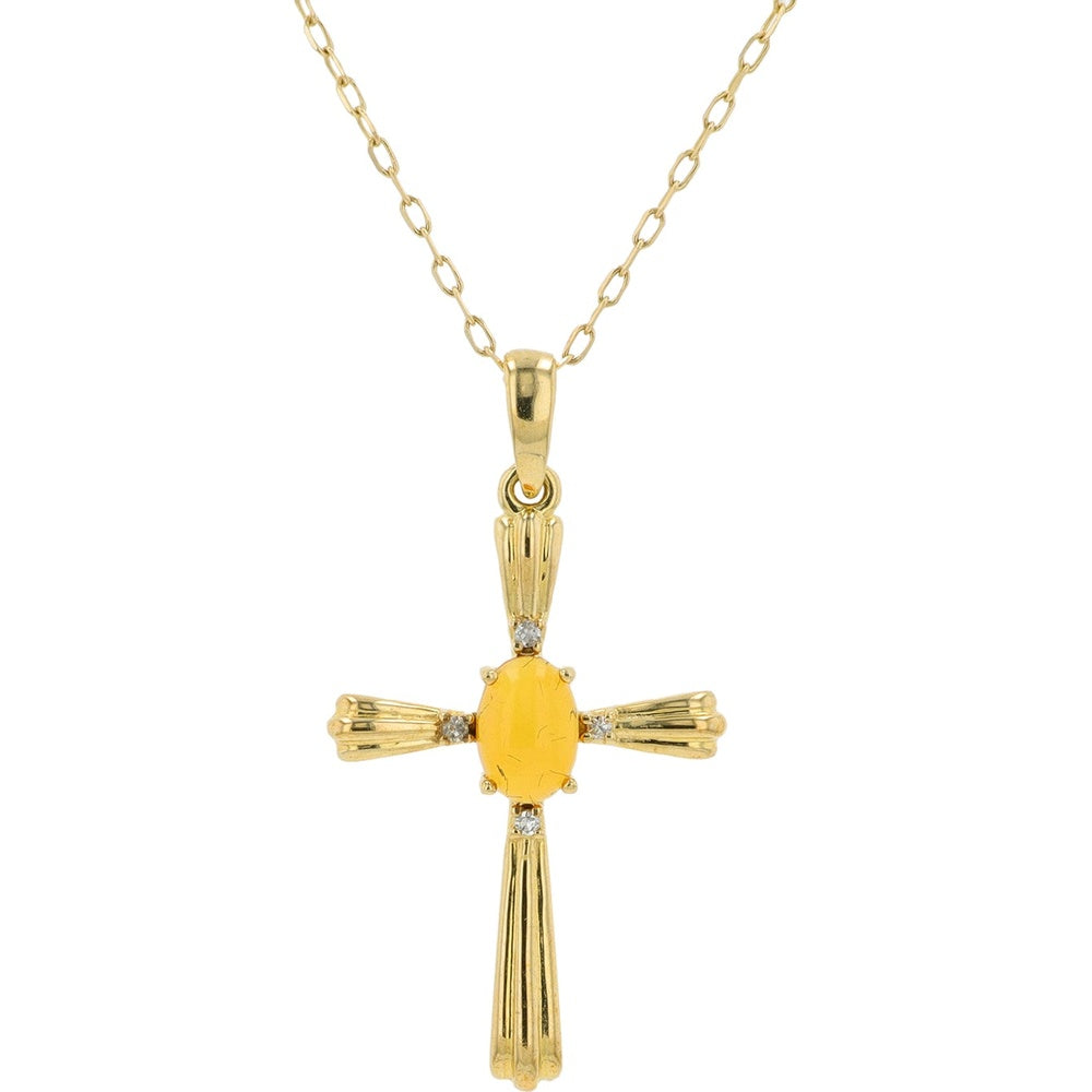 10K Yellow Gold Fluted Cross Pendant with Oval Opal and Diamond Accents - 0.02 Carat Total Diamond Weight