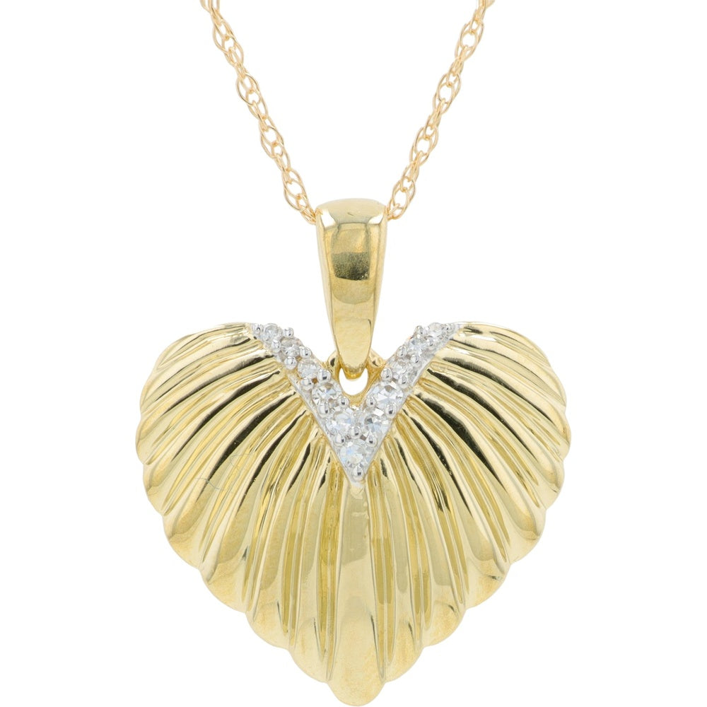10K Yellow Gold Fluted Heart Pendant with 0.04 Carat Total Diamond Accent