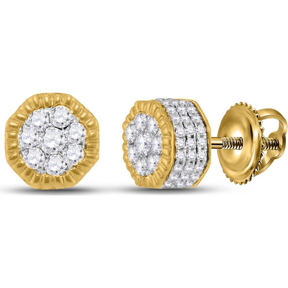 10K Yellow Gold Fluted Hexagon Stud Earrings with Pave-Set Round Diamonds - 0.75 Carat Total Diamond Weight