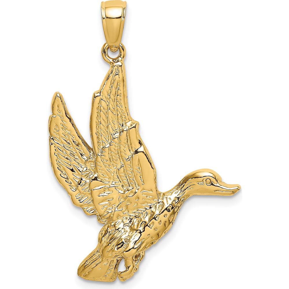 10K Yellow Gold Flying Mallard Duck Charm with Textured Finish - 35.8mm Length